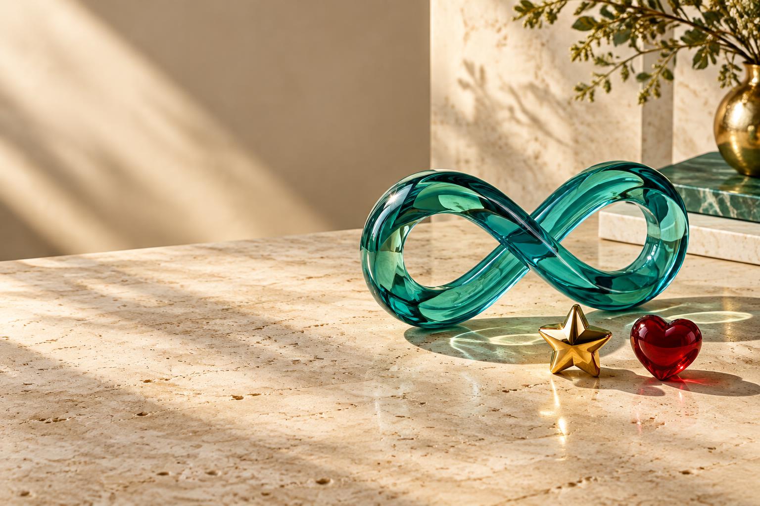 Teal glass infinity sculpture with a gold star and a red heart