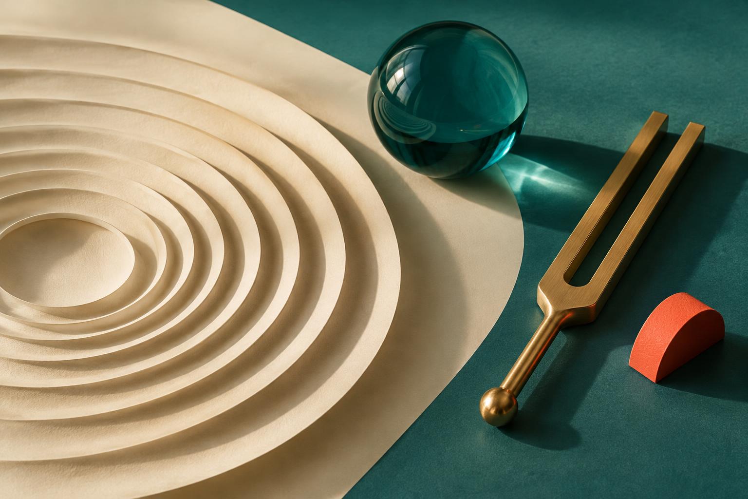 Paper sound ripples beside a gold tuning fork and a teal glass sphere