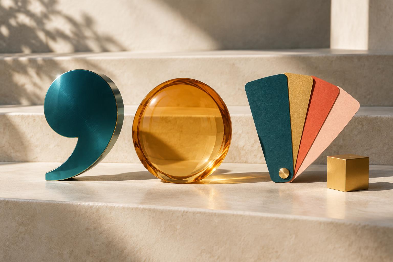 Teal speech mark, amber glass lens and a fan of colour samples